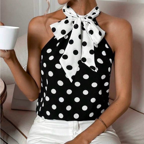 Classic Polka Dot Print Halter Top Blouse Shirt Black White - Picture 1 of 6